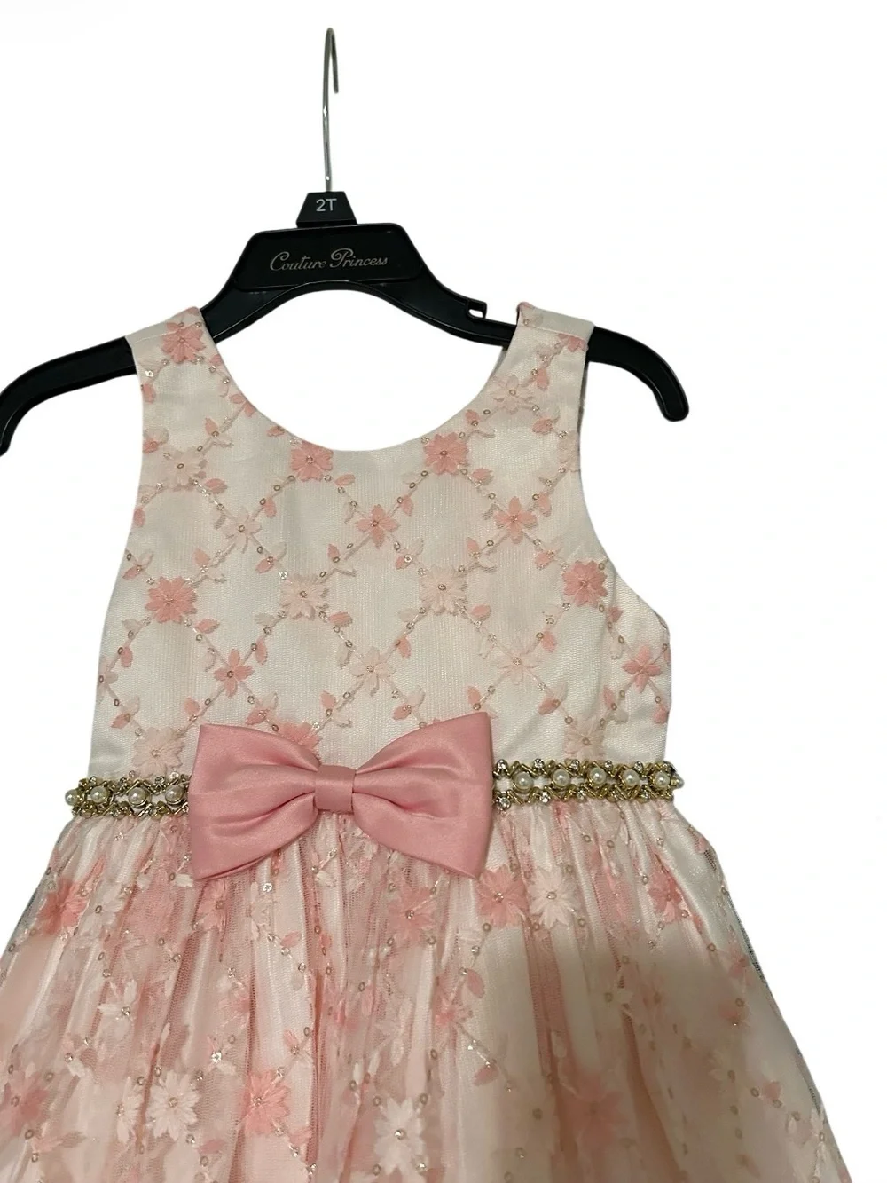 Classic Pink Floral Lace Bow Party Dress for Girls